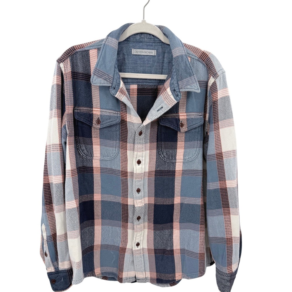 Outerknown Blanket Shirt Mens Large Blue Orange Plaid Organic Cotton Flannel